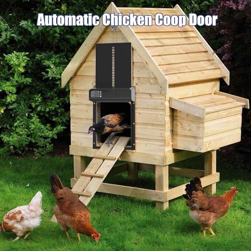 Automatic Chicken Coop Door with Timer, Gear Lifter Poultry Gate,Battery Powered, Evening and Morning Delay, Full Aluminum Door, Automatic Chicken Door Opener with LED Liquid Crystal Display (V-Black)