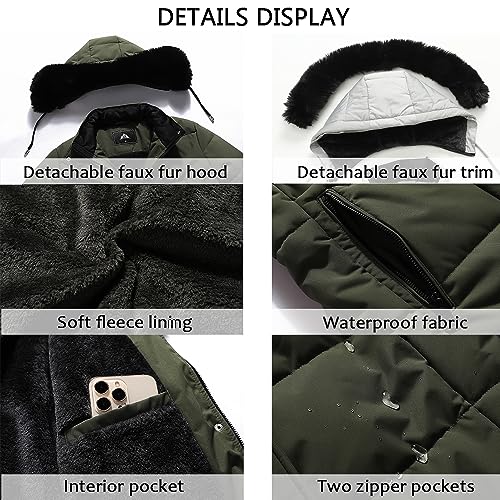 MOERDENG Women's Winter Puffer Coat Thicken Fleece Lined Down Jacket Waterproof Faux Fur Detachable Hooded Parka - color: Green, size: XX-Large