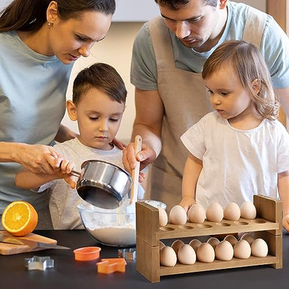 Sishynio Double Layer Egg Tray Holder Countertop - Wooden Fresh Egg Rack Stackable Storage Basket, 2 Tier Egg Organizer for Farmhouse Kitchen Refrigerator - style: 2 tier pine egg tray