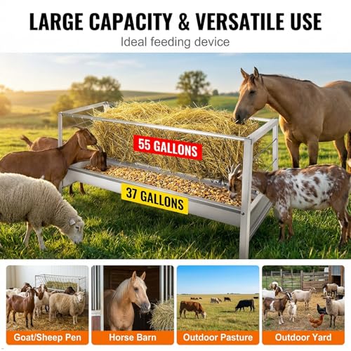 Dual-Functional Hay Feeder for Goats Up to Feed 14 Livestocks, 92 Gallon Heavy-Duty Goat Feeders with Sturdy Frame and Material, Horse Sheep Goat Mineral Feeder Lasting-Use in Outdoors&Farms