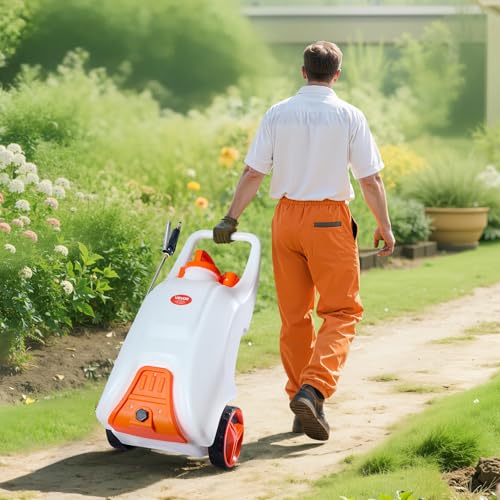 VEVOR 13.1 Gallon Battery Powered Sprayer with Wheels, Adjustable 0-80 PSI, 5 Nozzles and 98ft Hose Included, Orange - size: 13.1 Gal