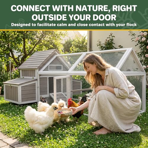 83'' Large Chicken Coop Outdoor with Run, Wooden Chicken Coops with Two Nesting Boxes, Pull-Out Trays, 4 Perches for Backyard, Poultry Cage House with Ramp for Hen, Bunny, Duck, Grey - size: 82.9"L x 57.9"W x 39.4"H