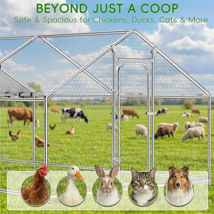 Large Metal Chicken Coop with Roosting Perch, Waterproof and UV-Resistant Cover,Chicken Run Outdoor Walk-in Cage Rabbit Duck Hen House for Yard Farm Use Spire Roof (10’ W x 4.9’ L x 6.4’ H) - size: 59.9"L x 118.0"W x 78.0"H