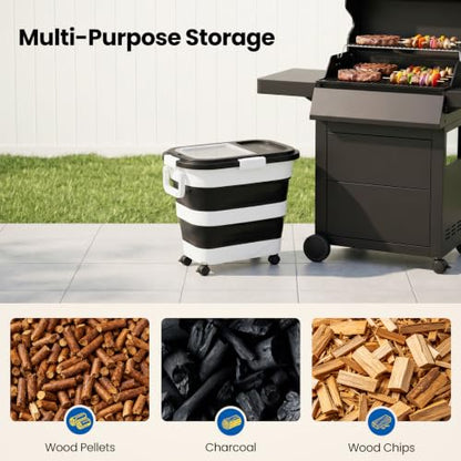 Wood Pellet Storage Container 30-40lbs, Airtight Bin with Locking Lid & Clear Window, Collapsible Pellet Bucket with Wheels, Scoop & Labels, Black & White - color: Black-L