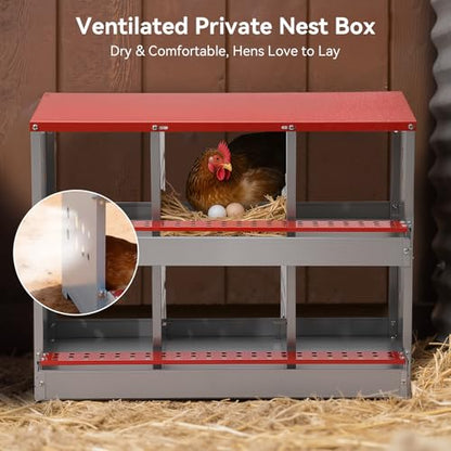 Chicken Nesting Boxes for Chicken Coop, 6 Compartments Wall-mountable Chicken Laying Boxes Easy Egg Collection with Ventilated Design, Weatherproof Galvanized Steel Metal Roosting Boxes