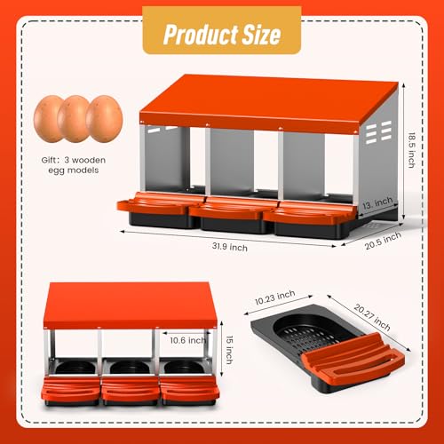 Chicken Nesting Boxes, Roll Away Laying Nest Box for Hens, Galvanized Steel with Removable Egg Drawer, Protects Eggs, Easy Egg Collection, for Chicken Coop, 3 Compartments - color: Orange-Red