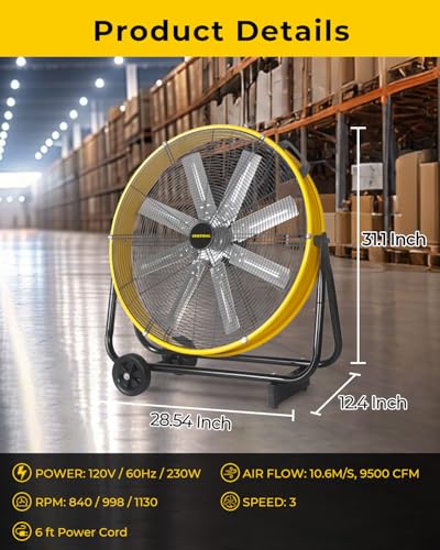 VENTISOL 24 Inch High Velocity Drum Fan, 9500 CFM Industrial Fans Heavy Duty, 3-Speed Shop Fan, Large Metal Floor Fan for Garage, Warehouse, Outdoor, Commercial, 8 Blades - style: 24" High Velocity Drum Fan