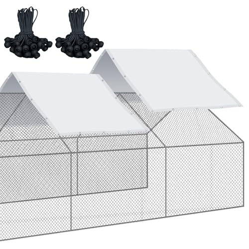 VitalCozy 2 Pcs Chicken Coop Cover Waterproof 11.5 x 6.6 ft Chicken Run Cover Coop Tarp Accessories for Winter with 50 Pcs Ball Bungees Cords for Outdoor, White - color: White, size: 11.5 x 6.6 ft