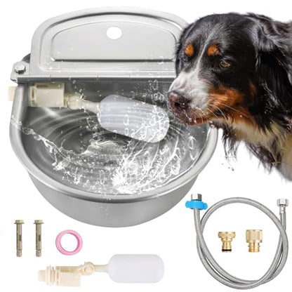 Automatic Animal Drinking Water Bowl, 304 Stainless Steel Waterer with Float Valves, 39" Pipe Hose (1/2" Ends), 1/2" to 3/4" Adapter, Livestock Water Trough Dispenser for Dog Horse Goat Pig Cow