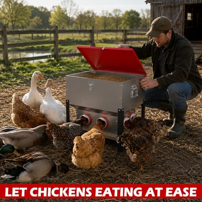 75LB Large Automatic Chicken Feeder with 8 Ports, Dual No Waste Design Metal Chicken Feeders with Locking Lid & Riveted Handles- Waterproof Poultry Feeder for Chickens, Ducks, Geese - size: 8 Ports