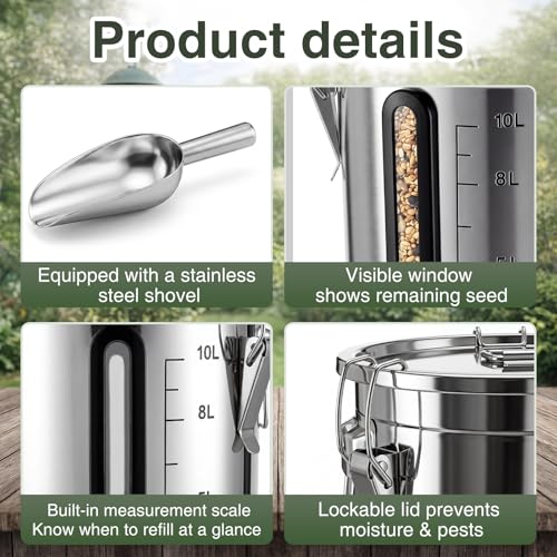 Gisafai 18 Lbs Wild Bird Food Seed Storage with Scoop Stainless Steel Transparent Window Measurement Scale Farmhouse Bird Food and Seed Locking Storage Bucket Bin Critter-Proof Bucket