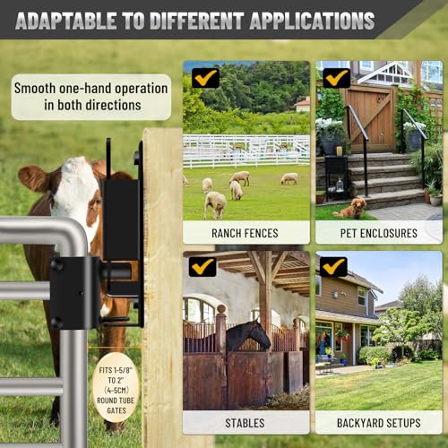 2 Pcs Farm Gate Latch, Heavy Duty 2 Way Gate Latch Lockable, Livestock Gate Latches for Metal Gates, Ranches, Farms, Stables, Horse Corrals, Pet Cages, Black Hardware with Screws