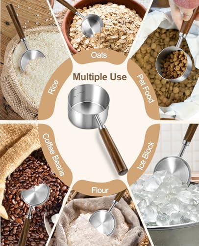 Stainless Steel Dog Food Scoop 1/2 Cup, Dog Food Measuring Cup With Measuring Lines & Long Wooden Handle, Metal Pet Food Scoop For Dogs, Cats and Kitchen Use (1/2 CUP) - size: 1/2 CUP