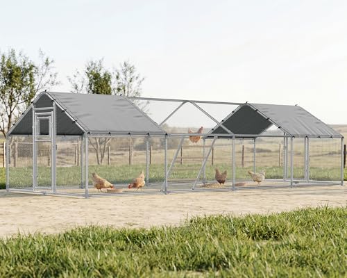 26×10 FT Extra Large Walk-in Chicken Coop, Spire Roof Chicken Run with Cover, Front & Rear Doors, Feeding Door, Roosting Ladder, Galvanized Steel Frame - size: 298.4"L x 118.1"W x 77.6"H