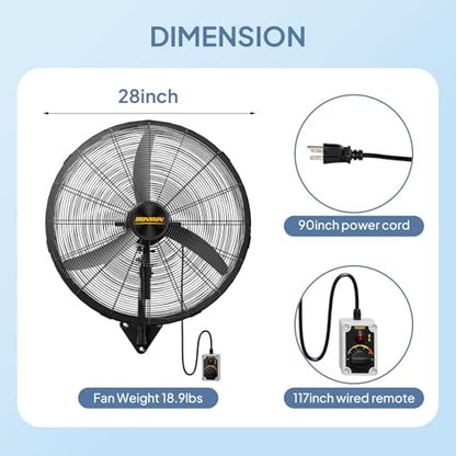 ROVSUN 26" Industrial Wall Fan with Remote Controller & BLDC Motor, High Velocity Wall-mounted Outdoor Fan with 4-Speed and Long Wired Remote, Oscillating Wall Mount Fan for Warehouse, Patio, 2-Pack - size: 26''(2-pack)