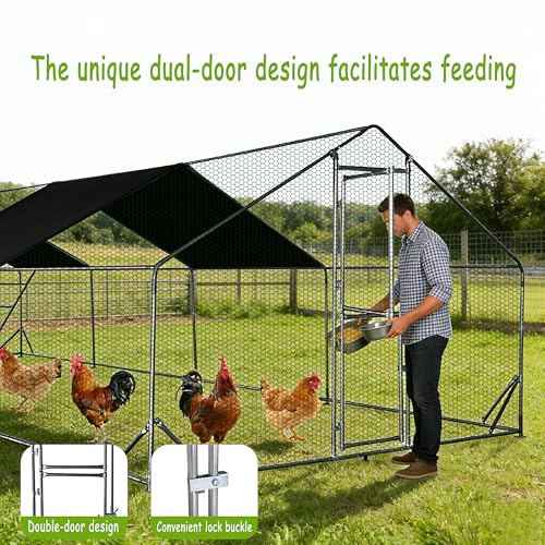 XCL Large Metal Chicken Coop, 26×10×6.5FT Walk-in Chicken Run, Spire Roof Poultry Cage with Waterproof Anti-UV Cover, Roosting Perch Outdoor Backyard Farm Enclosure for Duck Chicken (4-Unit Coop) - size: 4-Unit Coop