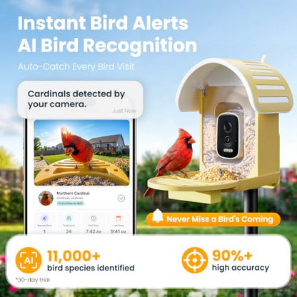 Smart Bird Feeder with Camera, Yellow | 2.5K UHD, AI Identifies 11,000+ Bird Species, Real-time Videos & Pictures, Solar Powered, Wireless for Outdoor, Gift - color: Yellow