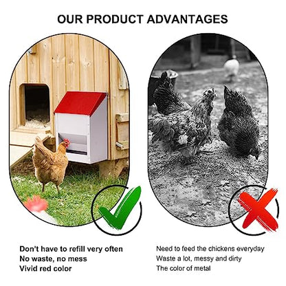 Automatic Metal Chicken Feeder Galvanized Poultry Feeder with Lid Outdoor Wall Mount Chicken Food Dispenser Gravity Fed Chicken Feeder Weatherproof No Waste Quail Duck Feeder (10LBS)