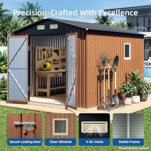 8x10 FT Outdoor Storage Shed, Metal Garden Shed with Updated Frame Structure, Lockable Door and Window, Large Tool Shed for Backyard, Patio, Lawn, Utility & Bike Storage - size: 8x10 FT (No Base)