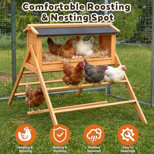 Large Chicken Coop,Wooden Outdoor Chicken Cage with Large Nesting Box, Built-in Perch and Adjustable Swing,Weatherproof Open Asphalt Roof