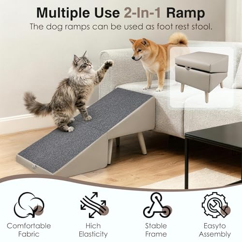 Split Ottoman Dogs Ramp, Dog Ramp for Couch and Bed, Dog Stairs for Small Dogs and Cats, 2-in-1 Foldable Wooden Pet Stairs and Ottoman,Non-Slip Fabric Surface Ramp for Couch and Bed Gray - color: Gray