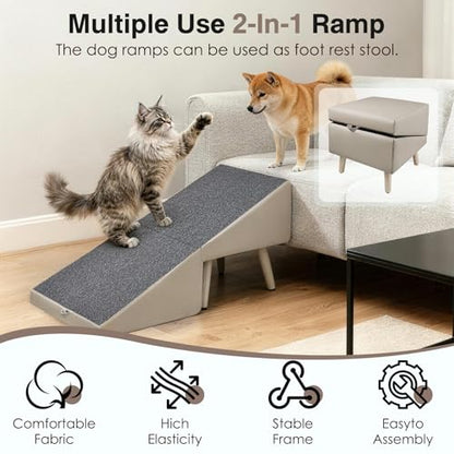 Split Ottoman Dogs Ramp, Dog Ramp for Couch and Bed, Dog Stairs for Small Dogs and Cats, 2-in-1 Foldable Wooden Pet Stairs and Ottoman,Non-Slip Fabric Surface Ramp for Couch and Bed Gray - color: Gray