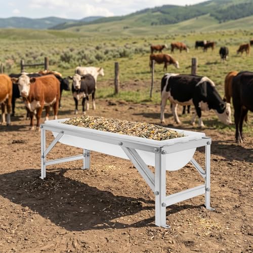 Livestock Feed Trough 9.25Gal, Long Large Capacity Feeder with Stand for Goat Sheep Pig Horse, Heavy Duty Galvanized Frame Hay Feeder, 40.55 x 12.99 x 14.37 inch (White) - color: White