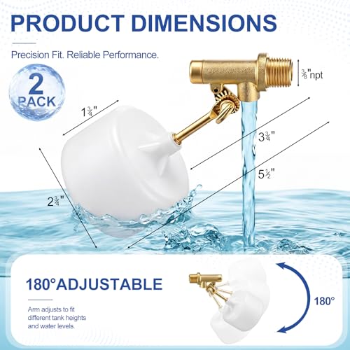 Lounsweer 2 Pack 3/8" Water Float Valves, Brass Pool Float Valve with Adjustable Arm, Water Level Control for In-Ground Pools & Auto-Fill Systems Fountains Tank Ponds Aquariums