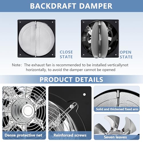 10 Inch Exhaust Fan,794CFM Kitchen Exhaust Fan with Speed Controller,110V 100W Wall Mounted Vent Fans with Damper for Shop, Smoking Room, Industrial Ventilation Use (10-inch Black) - color: 10-inch Black