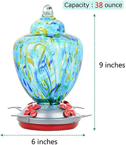 REZIPO Hummingbird Feeder with Perch - Hand Blown Glass - Light Green - 38 Fluid Ounces Hummingbird Nectar Capacity Include Hanging Wires and Moat Hook - color: Light Green