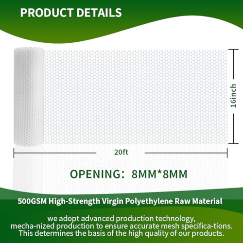 Plastic Chicken Wire Mesh Fence,Plastic Chicken Wire Roll 16in x 20ft,Garden Netting Fencing Barrier for Poultry, Animals, Pets and Balcony(White) - color: White, size: 16INx20FT