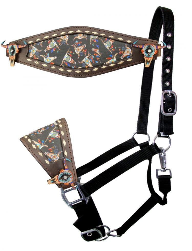 Showman Nylon Bronc Halter w/Cow Skull Design Leather Noseband