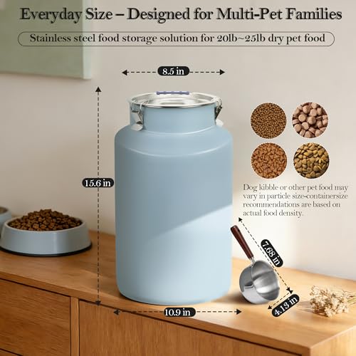 25 lb Stainless Steel Dog Food Storage Container, Airtight Metal Pet Food Canister with Lid & Scoop for Dog Cat Kibble, Heavy Duty for Daily Use, Keeps Kibble Fresh & Crunchy - size: Small