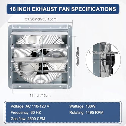 Criditpid 18 Inch Wall Mounted Shutter Exhaust Fan with ON/OFF Switch, High-Speed, Low-Noise Pure Copper Motor, Wall Exhaust Fan for Gable, Shed, Garage, Greenhouse, Kitchen, Attic, 2500CFM, 1495RPM. - size: 18 Inch Exhaust Fan