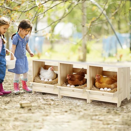 Chicken Nesting Box with Perches, 3 Compartments Wooden Egg Laying Nest Box for Chicken Coop, Floor/Stand/Wall Mount Large Chicken Nesting Boxes for Hens, Ducks, Chickens