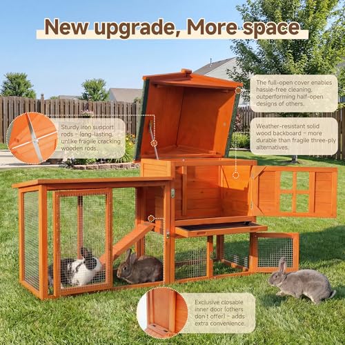 Large Outdoor Indoor Rabbit Hutch Wooden Bunny Rabbit Cage 2-Story with Run No-Leak Pull-Out Tray Waterproof Asphalt Roof Ramp for Guinea Pig Small Animal Wood Pet House Home Orange