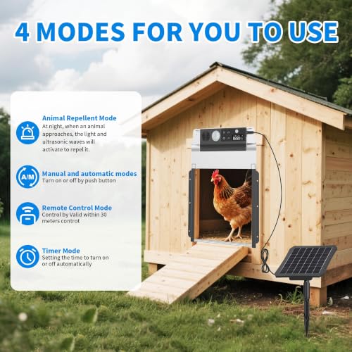 Automatic Chicken Coop Door, Solar Powered Roll-Up Chicken Door with Light Sensor, Timer & Manual Mode, 2000mAh Battery, Aluminum Frame, Anti-Pinch, for Chicken Coop Size:9''x8.3''