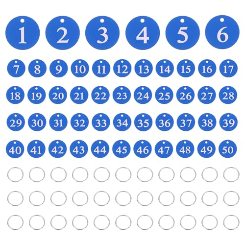 PATIKIL 50PCS Number Tags 1-50, Number Key Tags Aluminum Numbered Keychain Metal Round with Key Rings for Organizer Field Sales Hangers Clothes Labels ID, Blue - color: Blue
