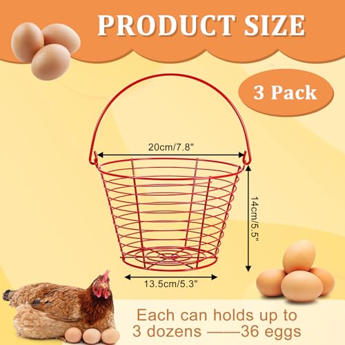 3 PCS 8" Red Round Wire Egg Baskets for Fresh Egg With Handle, Small Metal Collecting Basket for Gathering Fresh Eggs, Chicken and Duck Eggs Hunting Basket Egg-Holder Countertop - style: Round-3 Pack,Red