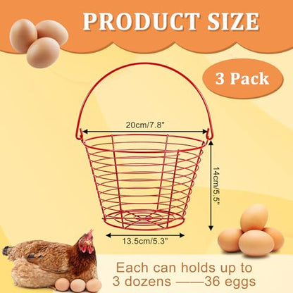 3 PCS 8" Red Round Wire Egg Baskets for Fresh Egg With Handle, Small Metal Collecting Basket for Gathering Fresh Eggs, Chicken and Duck Eggs Hunting Basket Egg-Holder Countertop - style: Round-3 Pack,Red