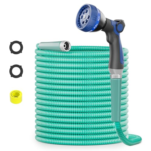 SPECILITE 75ft 304 Stainless Steel Garden Hose Metal, Heavy Duty Water Pipe with Nozzles for Yard, Outdoor - Flexible, Never Kink & Tangle, Puncture Resistant (Aqua) - color: Aqua, size: 75 ft