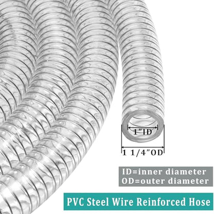 Wire Reinforced Hose 1" id - 5ft Clear High Pressure Suction Line Plastic Vinyl Tubing with Spiral Steel Wire, Drain Water Fuel Powder - size: 1" ID, style: 5 ft