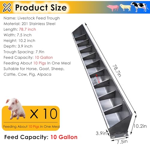 Hanging Heavy Duty Stainless Steel Livestock Feed Trough, 2-in-1 Sloped Opening Fence Feeder for Goats Pigs Sheep Cattle, Easy to Eat - size: 79 inch Long with 10 Bit