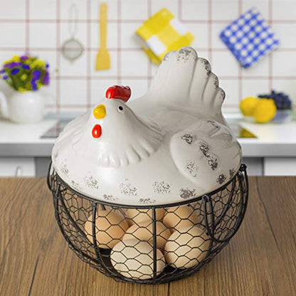 Round Chicken Wire Egg Basket, Farmhouse Metal Chicken Egg Collecting Basket with Handle Vintage Gathering Basket for Gathering Fresh Eggs Fruit Countertop Storage