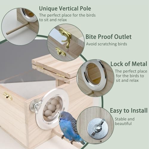 Parakeet Nesting Box Transparent Bird Nest Breeding Box with Perch | 7.87 X 4.72 X 4.72 inch Parrot Mating Box Wood Bird House Aviary for cage (S Horizontal Transparent+Wood) - style: S Horizontal Transparent+Wood