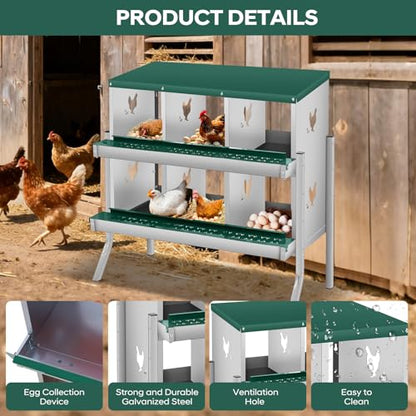 GarveeLife Chicken Nesting Box, 6 Compartments Nesting Box for Chickens, Two-Tier Galvanized Steel Chicken Egg Laying Box with Large Vented Holes Wall Mounting for Easy Egg Collection - color: Green | 6 Compartments