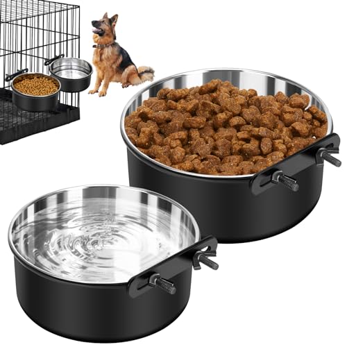 Crate Water Bowl No Spill, 2 Pack Dog Crate Bowls Hanging, Kennel Dog Water Food Bowls Mountable, Pet Cage Accessories Feeder Dish, Large Stainless Steel Coop Cup for Cat Puppy Bunny Guinea Pig Ferret - color: Black, size: L(7.1*2.8'' & 6.3*2.6'' )