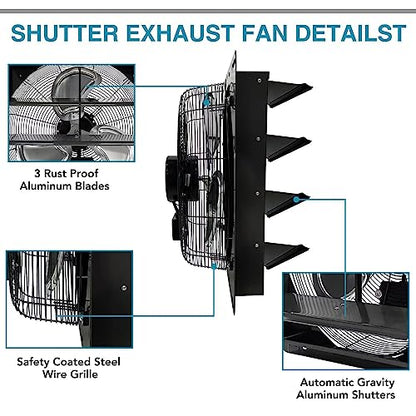 VENTISOL 18 Inch Shutter Exhaust Fan Wall Mounted, Aluminum with 1.65 Meters Power Cord Kit,High Speed 2500CFM, Ventilation Fan for Garage,Greenhouse,Attic,Shed,Shop,Black - size: 18 Inch