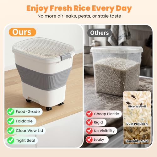 50 Lbs Rice Storage Container with Wheels, Collapsible Airtight Rice Holder with Transparent Lid, Measuring Cup, Scoop, Handle, BPA Free Food Storage Container for Pet Food, Grain, Bird Seed - color: Clear/50lbs