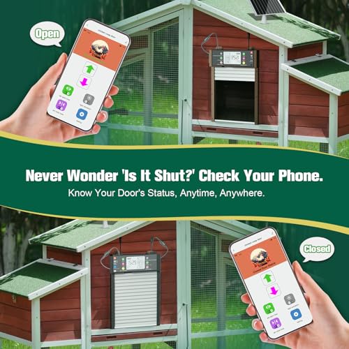 Automatic Chicken Coop Door, TUYA App Status View Solar Door WiFi Enable | Door Status show in the App via Wi-Fi; Timer, Light Sensor, Anti-Pinch, WiFi Reconnection, 4000 mAh Rechargeable